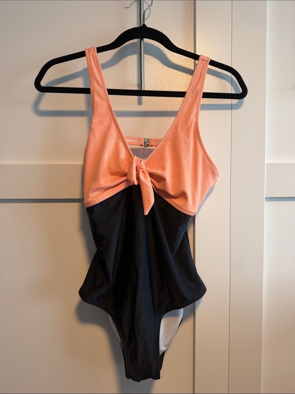 Peach and Black Tie-Front One-Piece Swimsuit